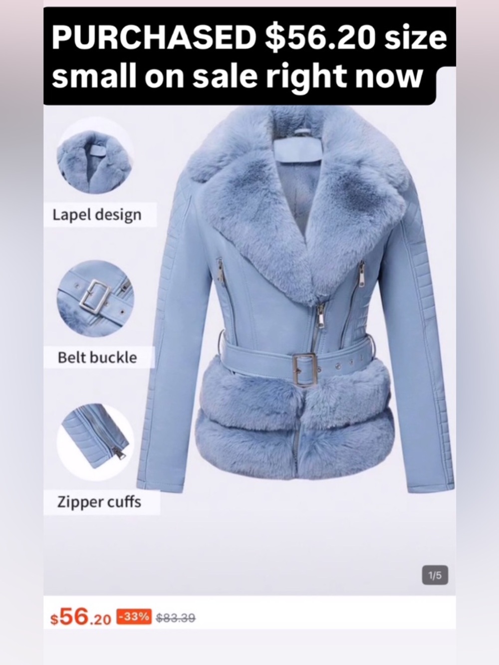 Baby blue fur leather jacket new on sale size small